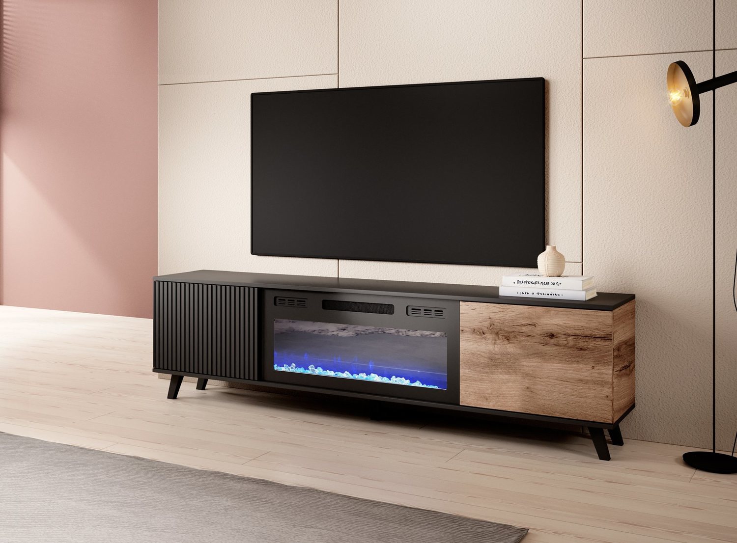 RANDOM RTV-K TV KOMODA S KAMINOM 180cm - HRAST / ČRNA