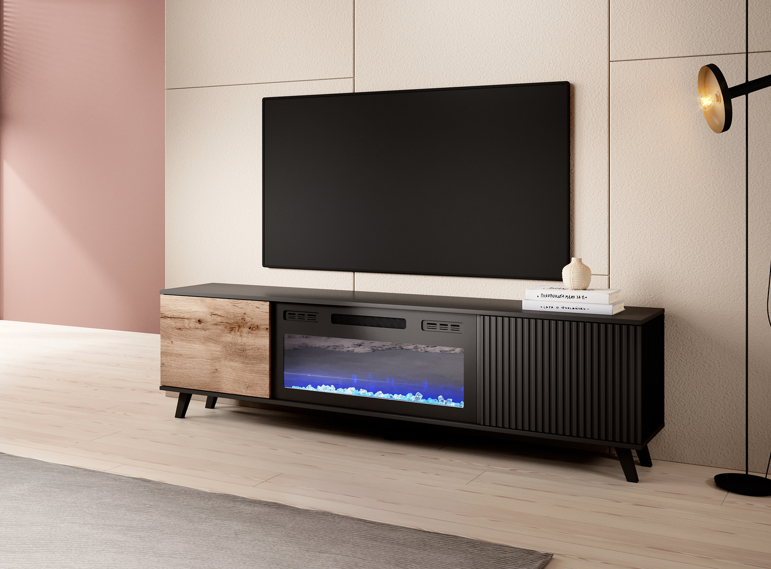 RANDOM RTV-K TV KOMODA S KAMINOM 180cm - HRAST / ČRNA - slika 9