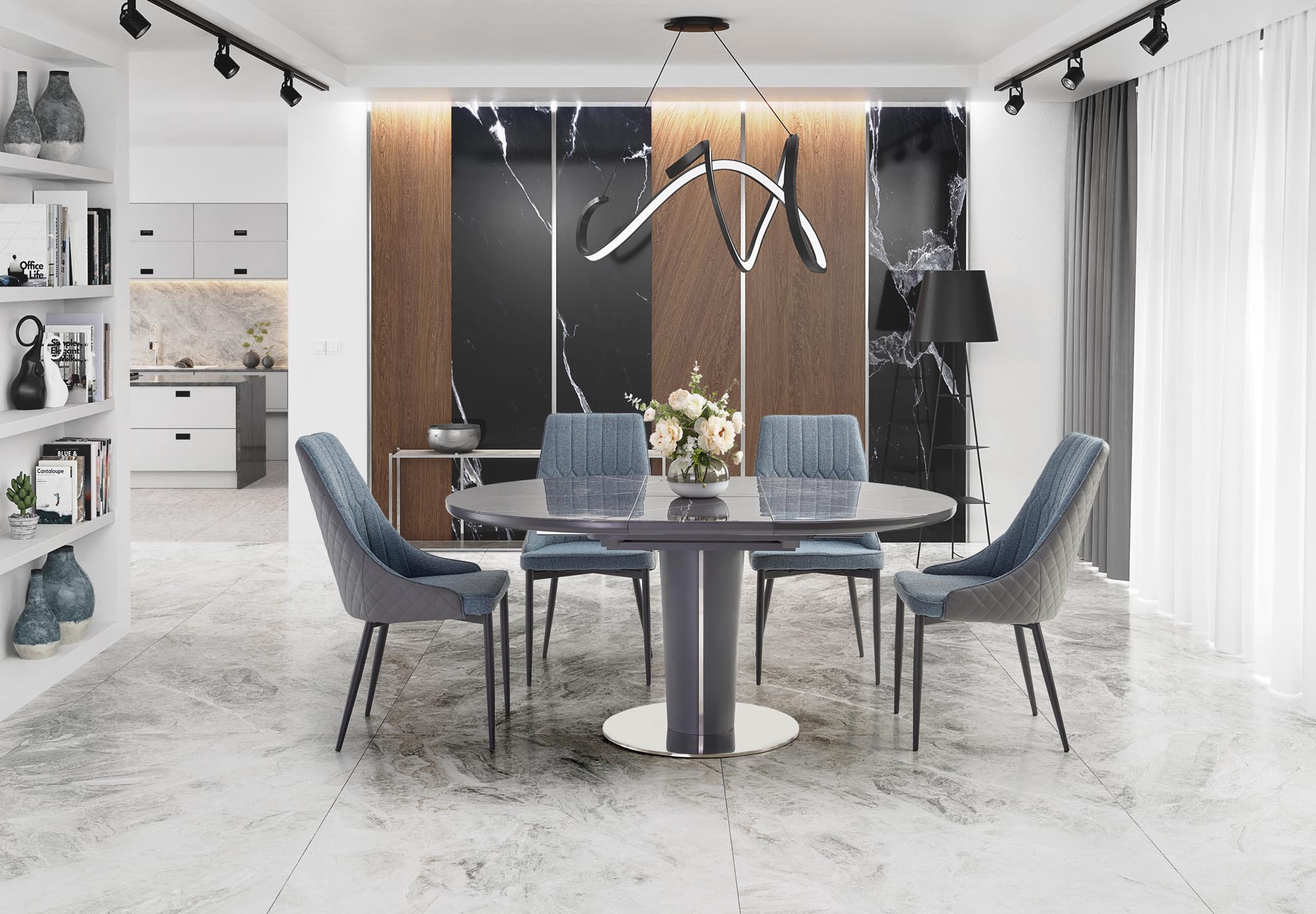 RICARDO extension table, color: top - grey marble, legs - dark grey