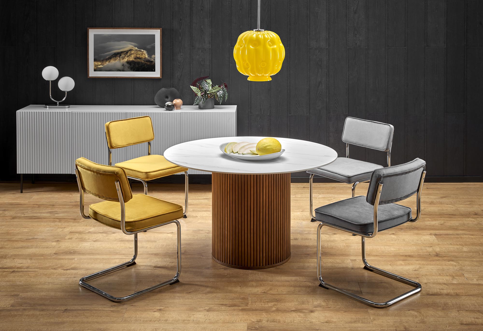 BRUNO round table, white marble / walnut