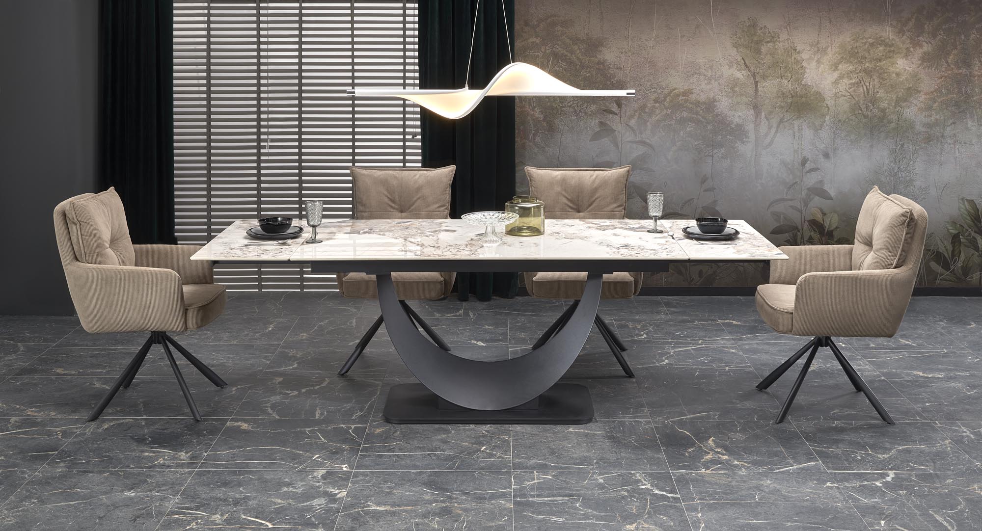 FERNANDO extension table, white marble / black