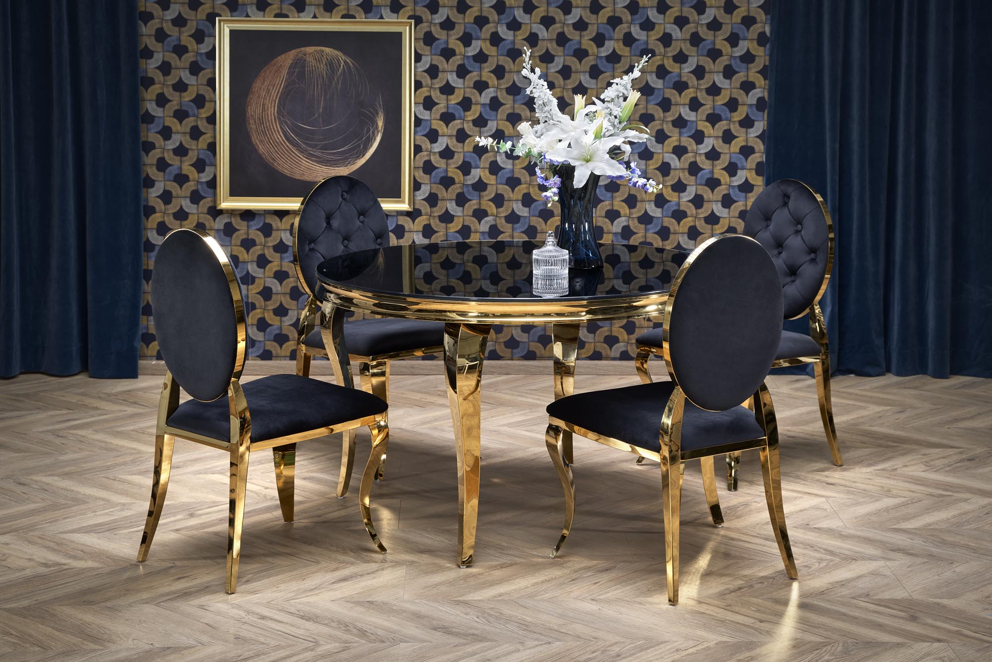 REGINALD_2 table, color: top - black glass, legs - gold