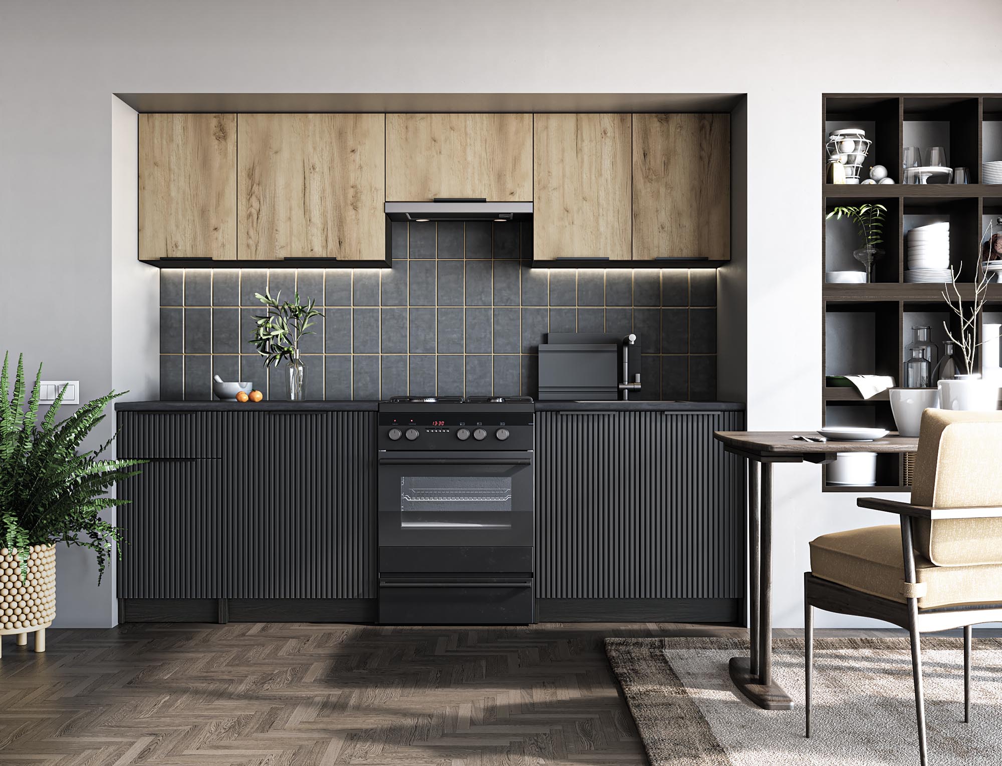 EMMA 240 kitchen set, color: front - artisan oak / black, body – carbon wood, worktop – black