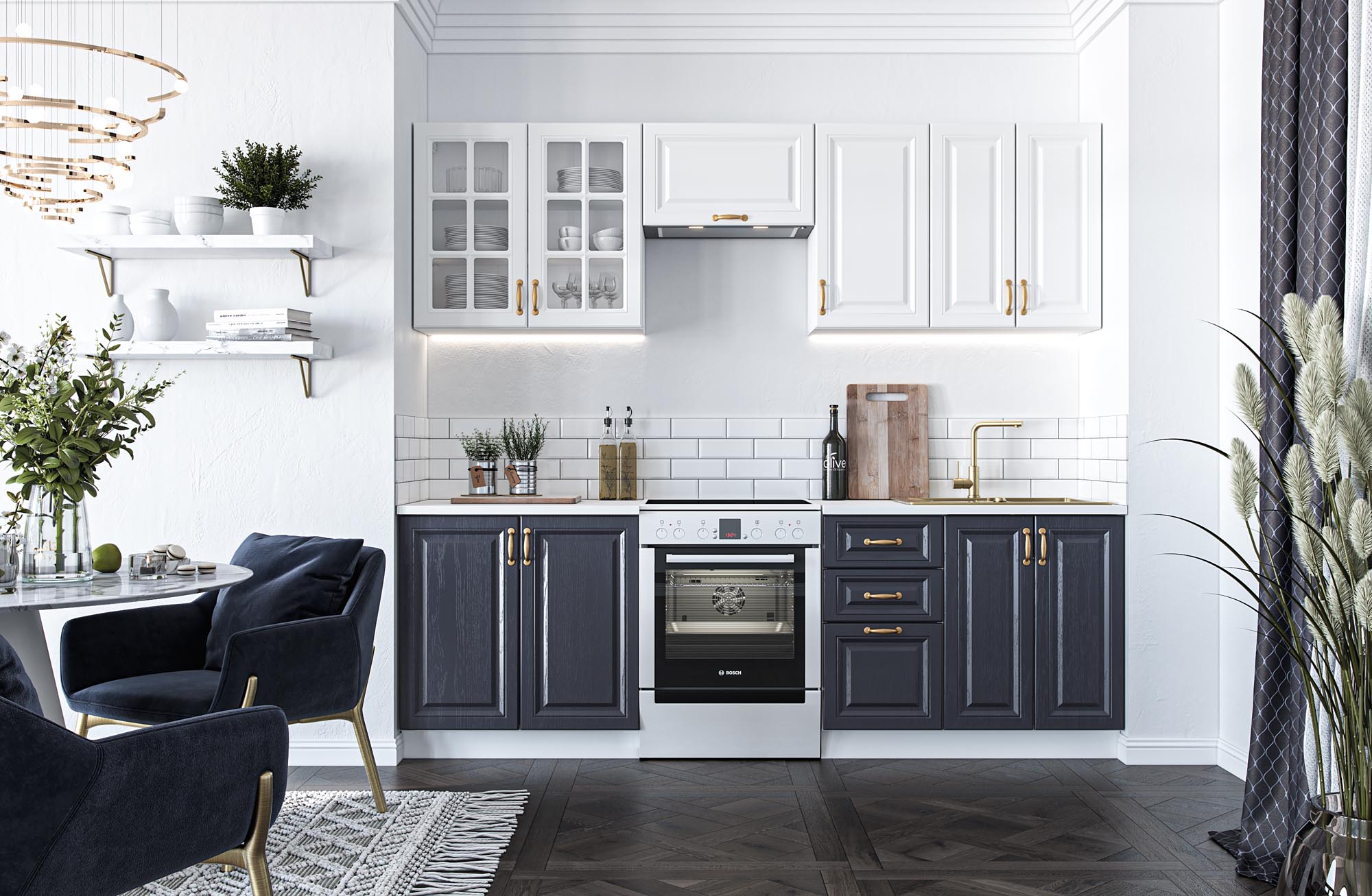 VIKTORIA 240 kitchen set, color: front - white / dark blue, body – white ,worktop – white