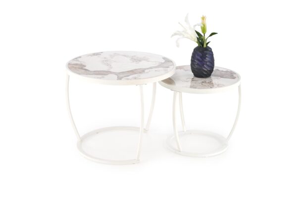 INES  set of two coffee tables, beige marble / white