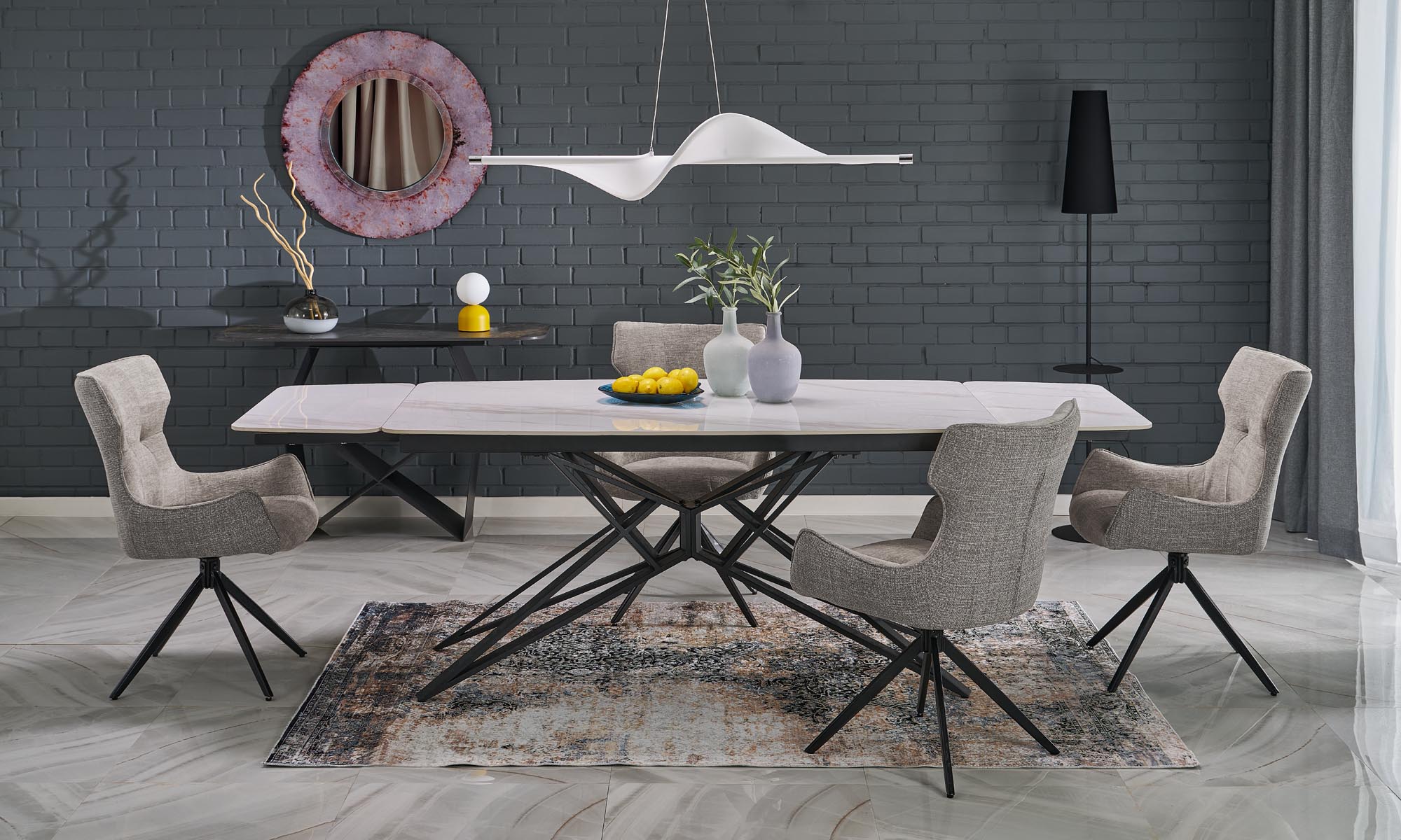 ALFREDO extension table, white marble / black
