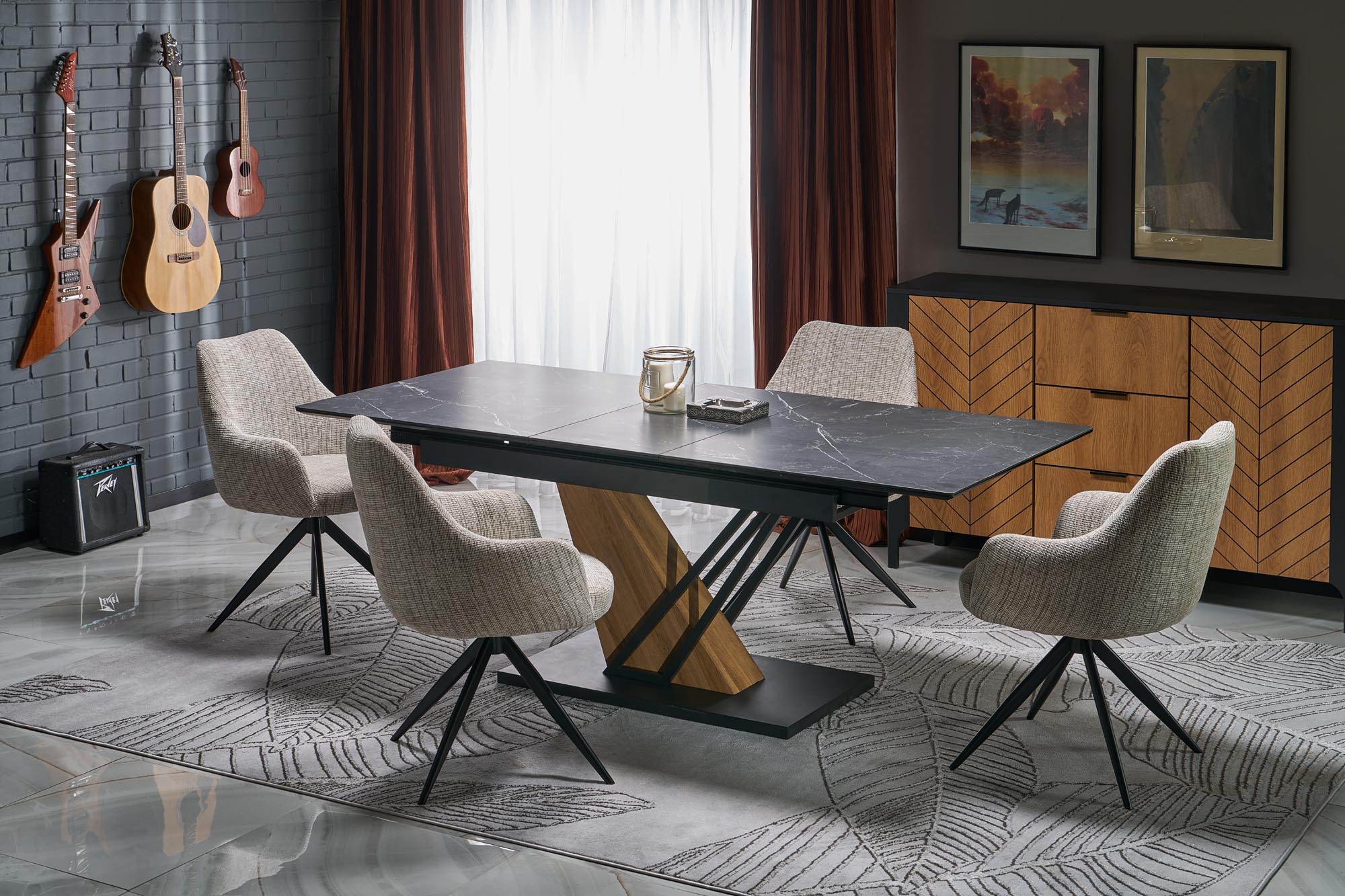 VOLANT 140 extension table, top - black marble, legs - golden oak / black