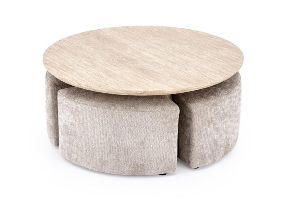 NUGAT coffee table with pouffes, table: travertine, pouffe: l.grey