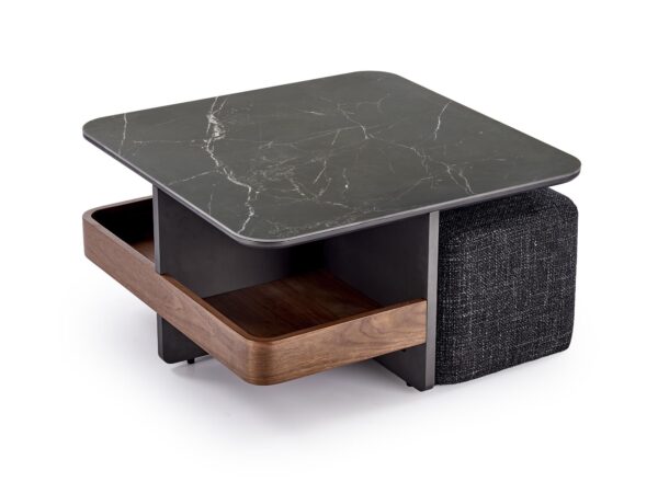 VICKER coffee table with pouffes, table top: black marble, frame: black / walnut, pouffe: d.grey