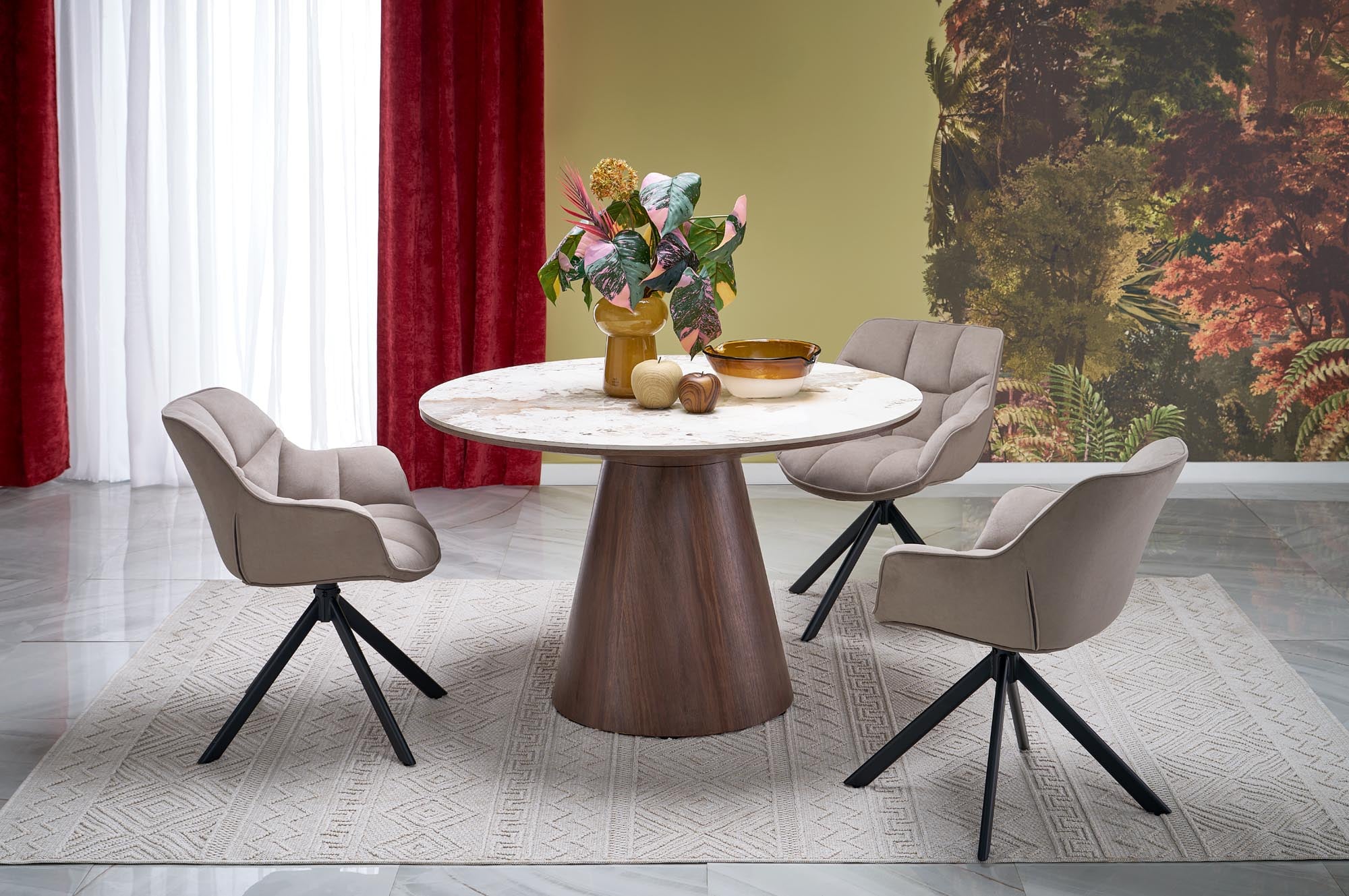 ARANI round table, beige marble / walnut