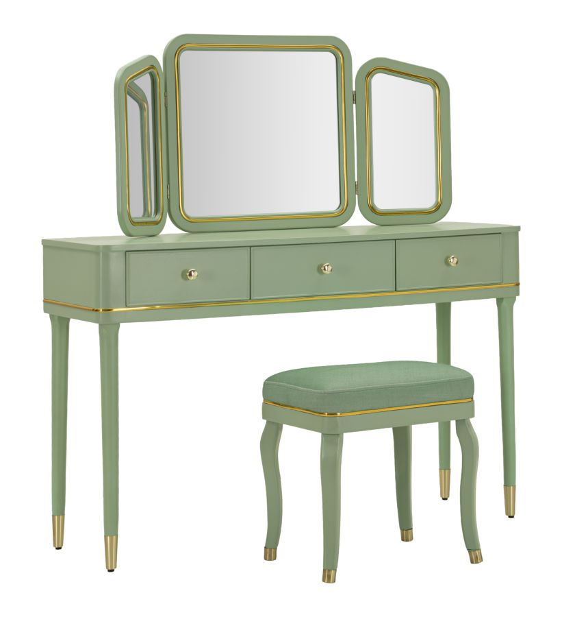 CAMILLE DRESSIN TABLE WITH MIRROR AND STOOL GREEN CM 120X37X79-104X2,5X56-44X34X48