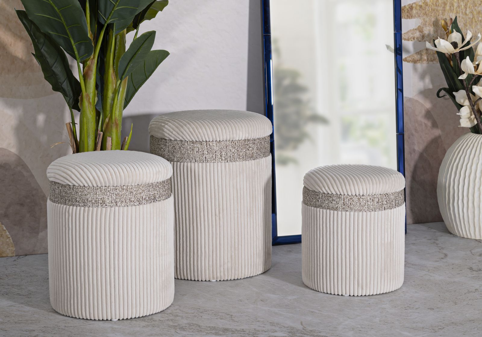 PUFF WITH STORAGE CURTAIN CREAM SET 3 PCS CM Ø 40,5x49,5-35x42-31x38 - slika 8