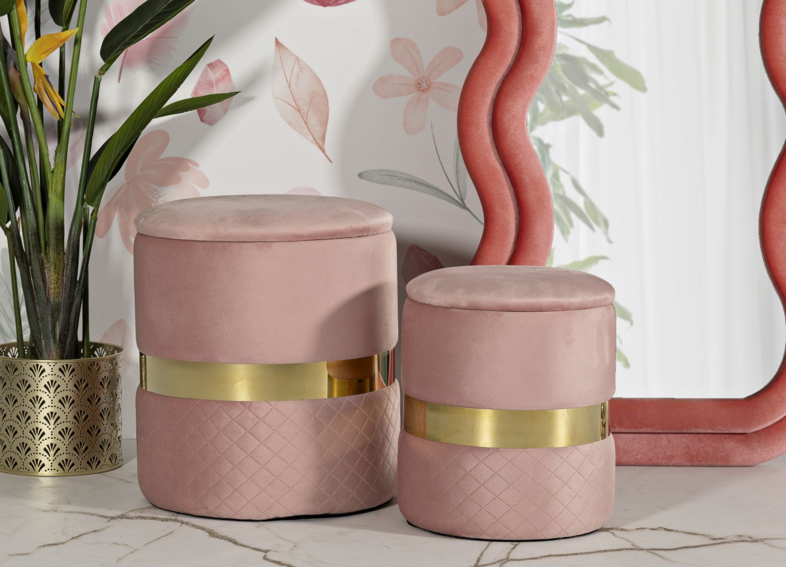 PUFF WITH STORAGE SHEFFILD PINK SET 2 PCS CM Ø 37X42-28X35 - slika 8