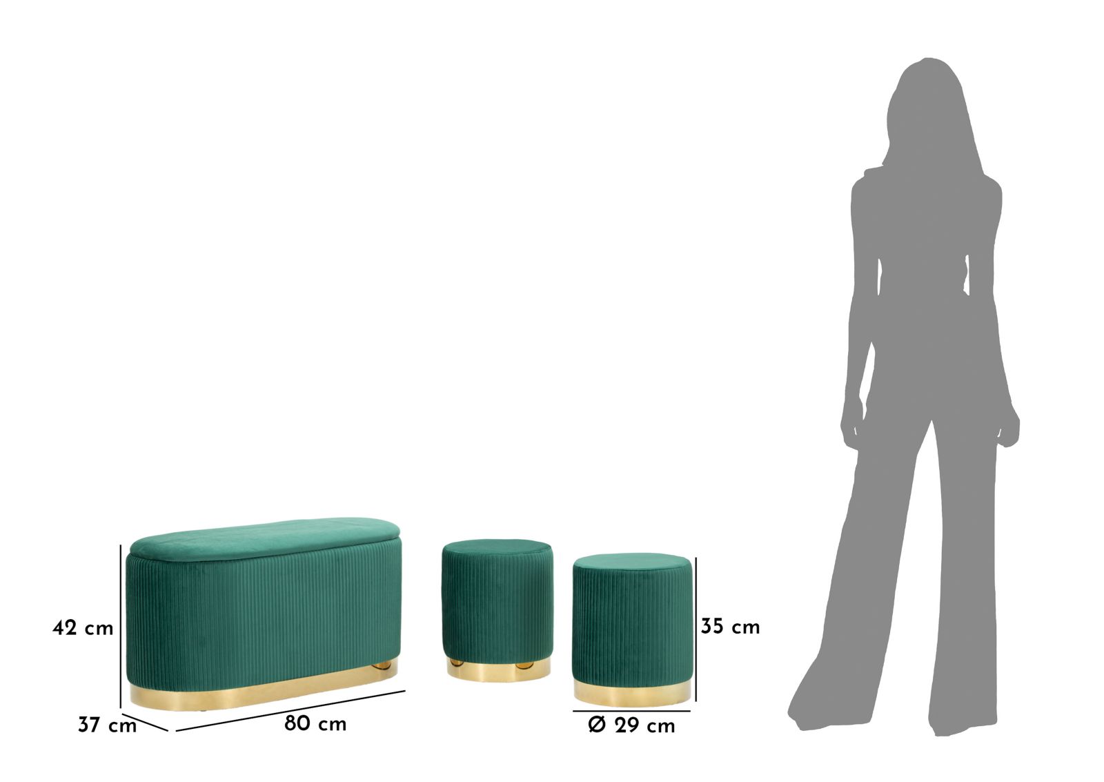 BENCH WITH STORAGE AND STOOLS SHOPY GREEN SET 3 PCS CM 80X37X42-29X35 - slika 11