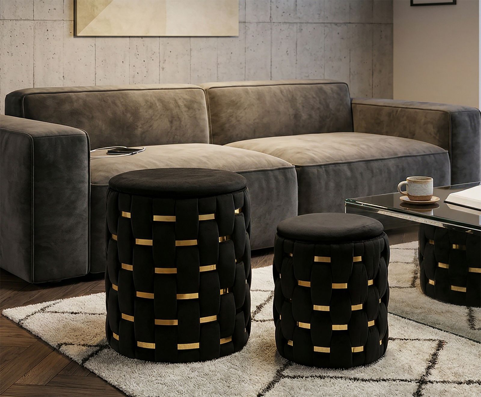 PUFF WITH STORAGE SHANTY BLACK SET 2 PCS CM Ø 37X42-28X35 - slika 9